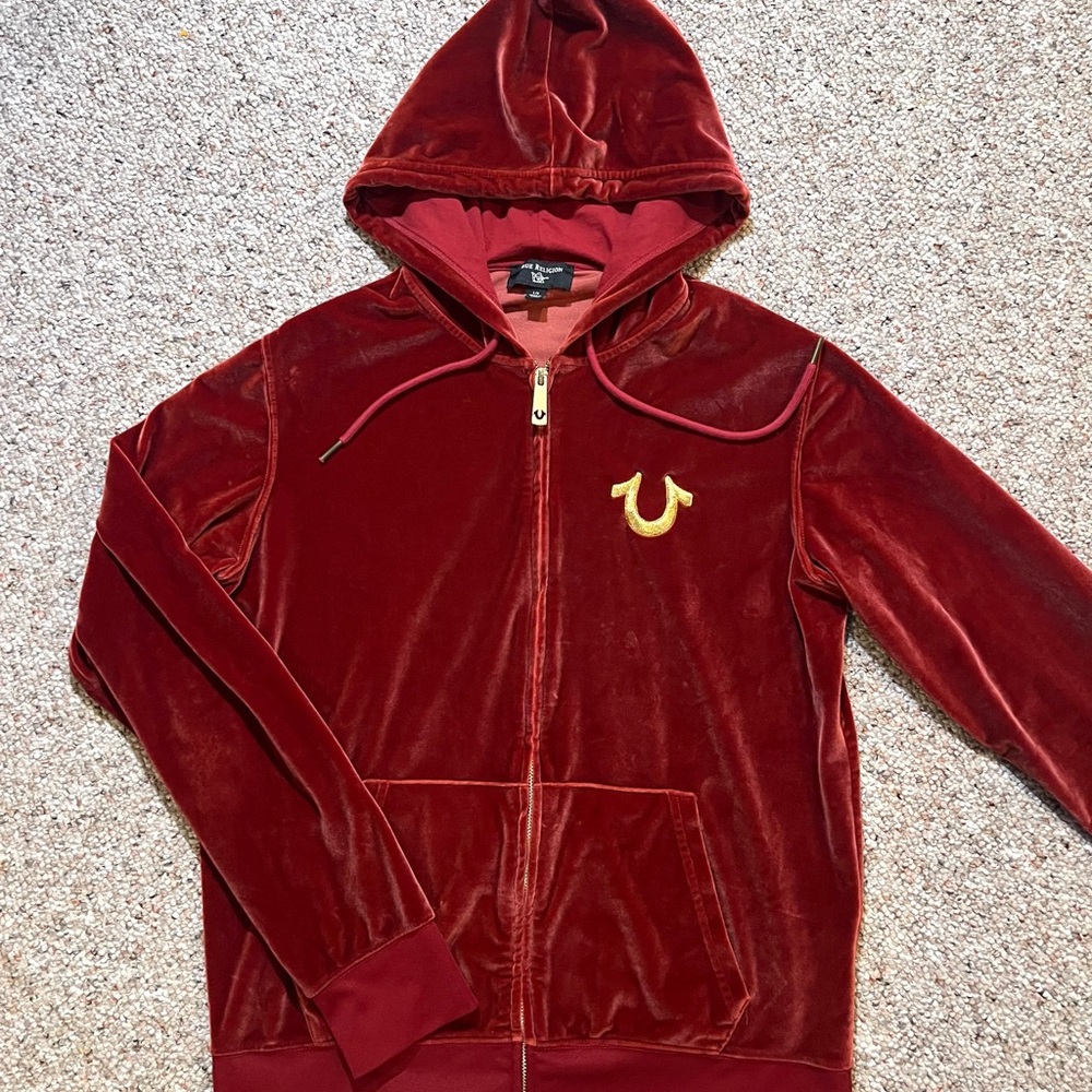 True Religion Women’s Red Velvet Zip Up Hoodie with Logo Tag
